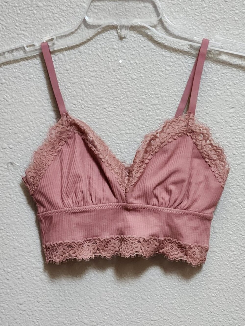 AERIE - Ribbed Knit Lace Trim Bra Top Bralette Dusty Rose - XS d- NEW NWT